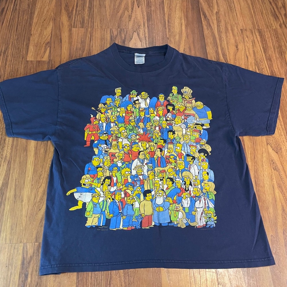 VTG The Simpsons Cast Graphic Shirt Mens XL Navy Blue Character Collage Delta